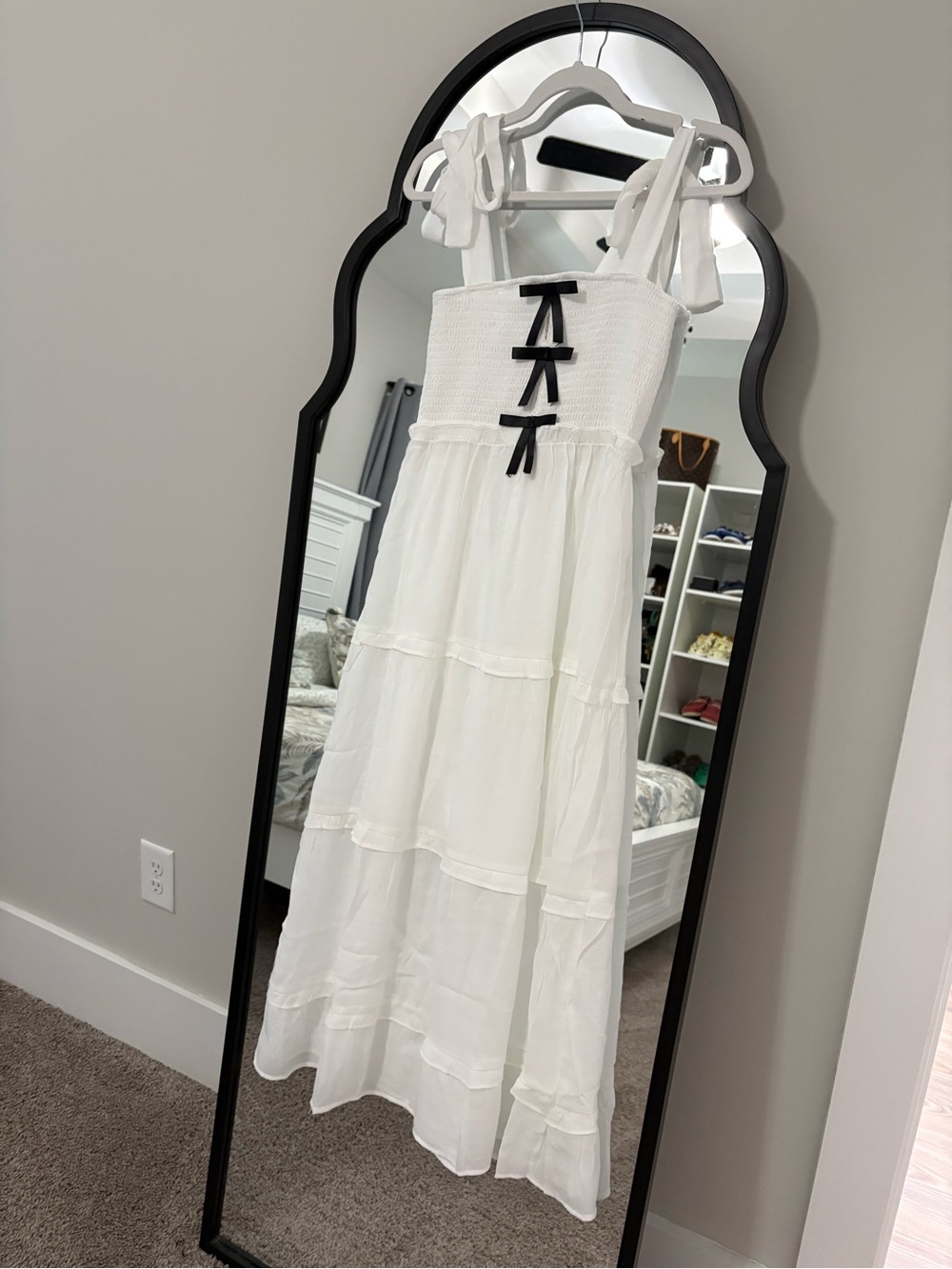 Love Tree White Tiered Maxi Dress with Black Bow Trim